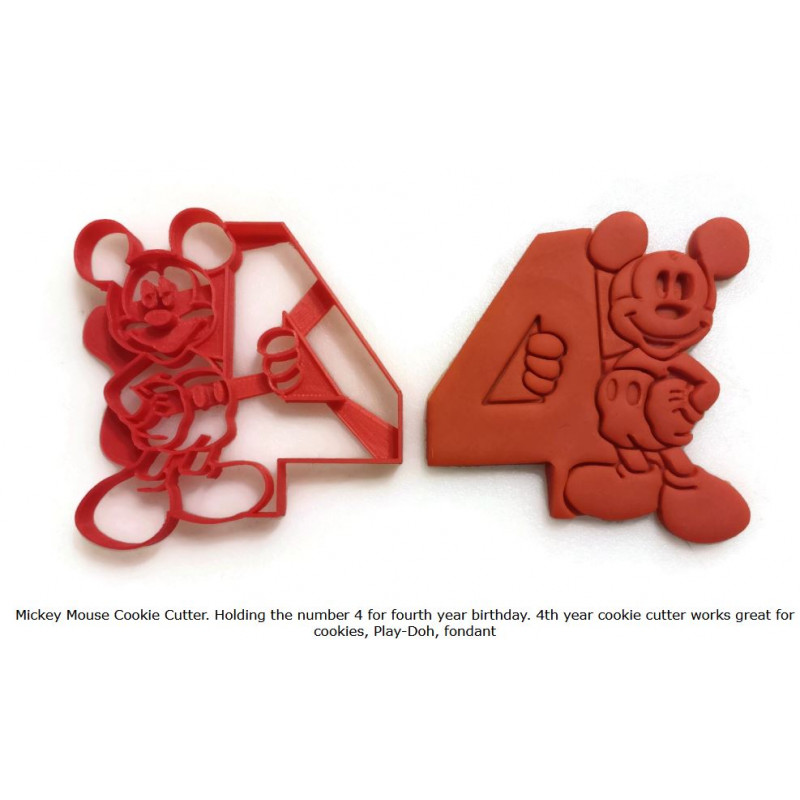 Mickey Mouse Cookie Cutter. Holding the number 4 for fourth year birthday. 4th year cookie cutter